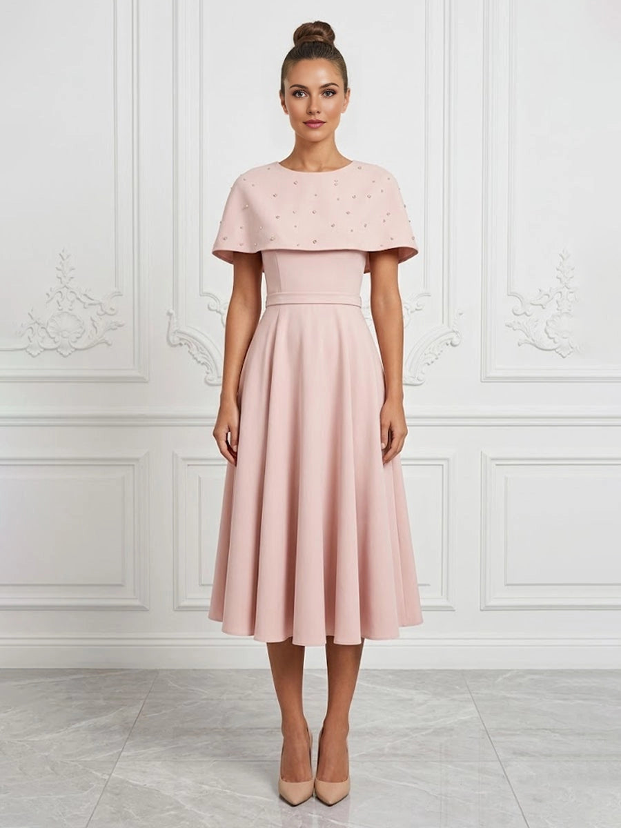 vedress blush pink plus size mother dress round neck beaded cape a line midi gown