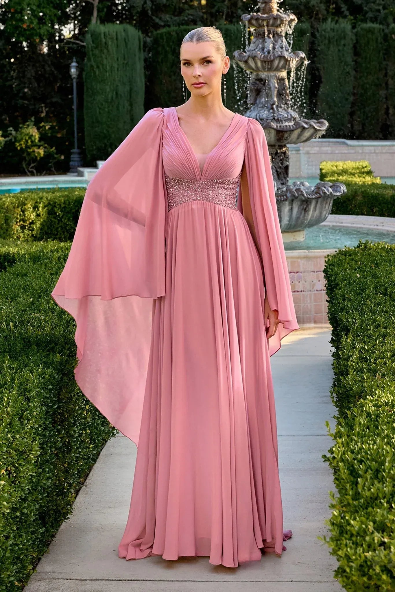 Regal A-line V-neck Cape-sleeve Chiffon Floor-length Sequined-waist Mother of Bride Dress