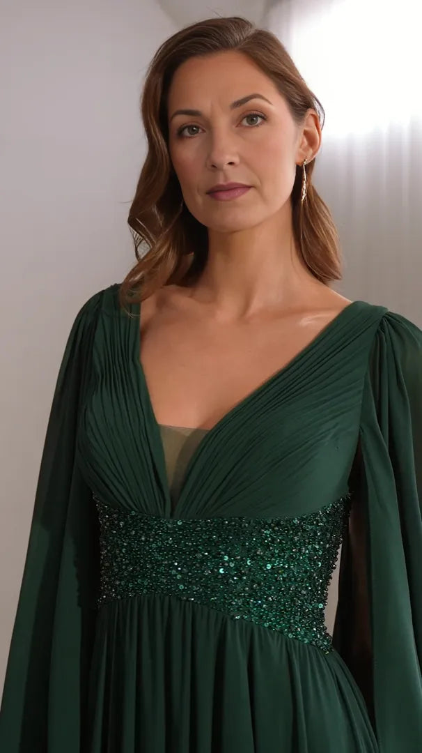Regal A-line V-neck Cape-sleeve Chiffon Floor-length Sequined-waist Mother of Bride Dress