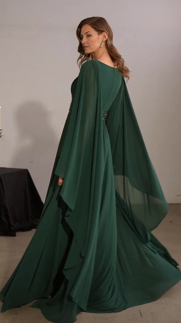 Regal A-line V-neck Cape-sleeve Chiffon Floor-length Sequined-waist Mother of Bride Dress