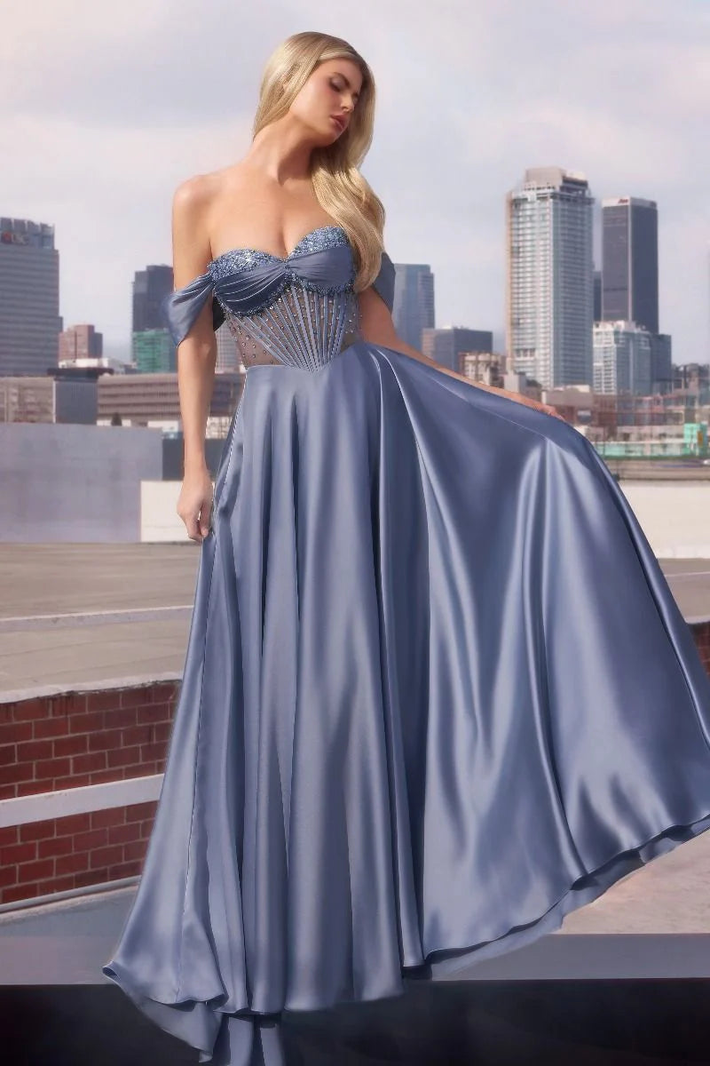 Regal Ballgown Sweetheart Strapless Satin Long Beaded Corset Prom Dress