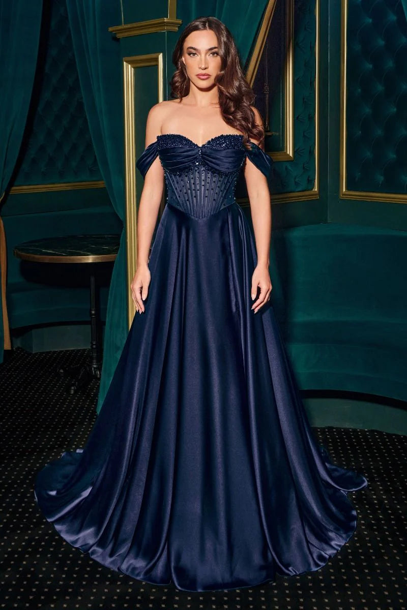 Regal Ballgown Sweetheart Strapless Satin Long Beaded Corset Prom Dress