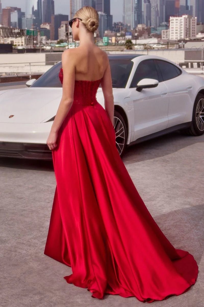 Regal Ballgown Sweetheart Strapless Satin Long Beaded Corset Prom Dress