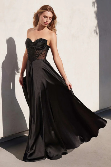 Regal Ballgown Sweetheart Strapless Satin Long Beaded Corset Prom Dress