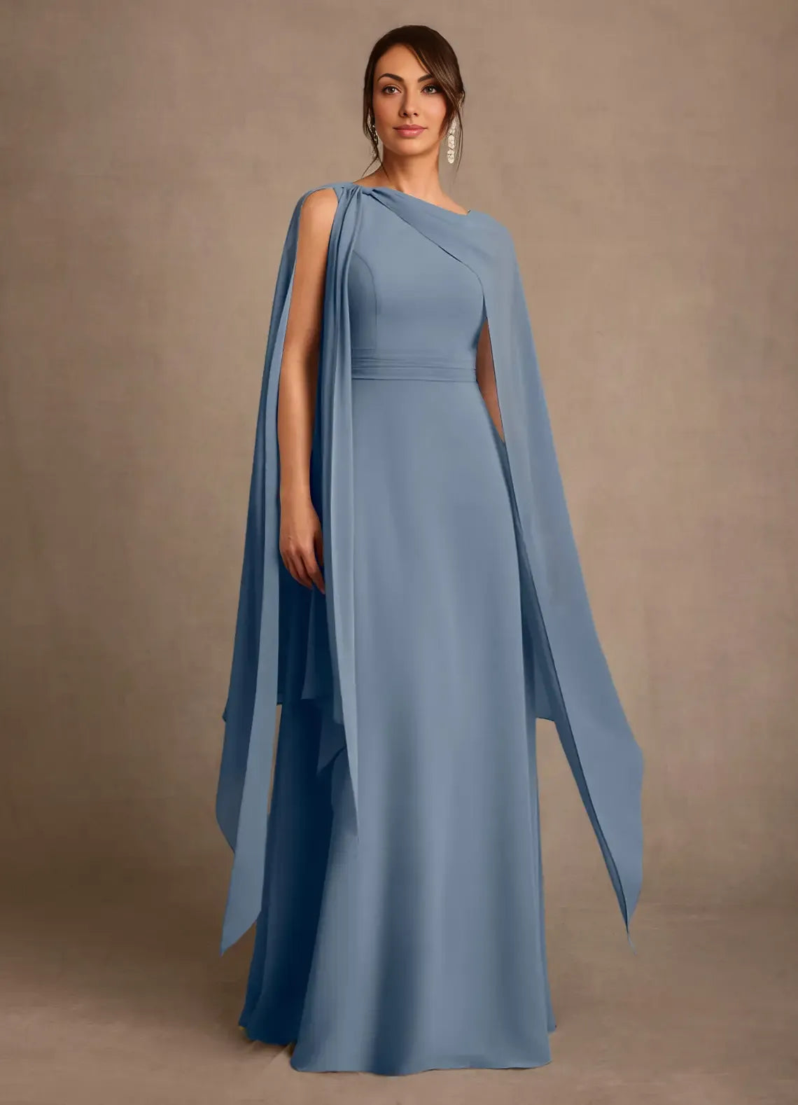 Sheath Asymmetric Neck Chiffon Floor Length Cape Sleeve Maxi Dress