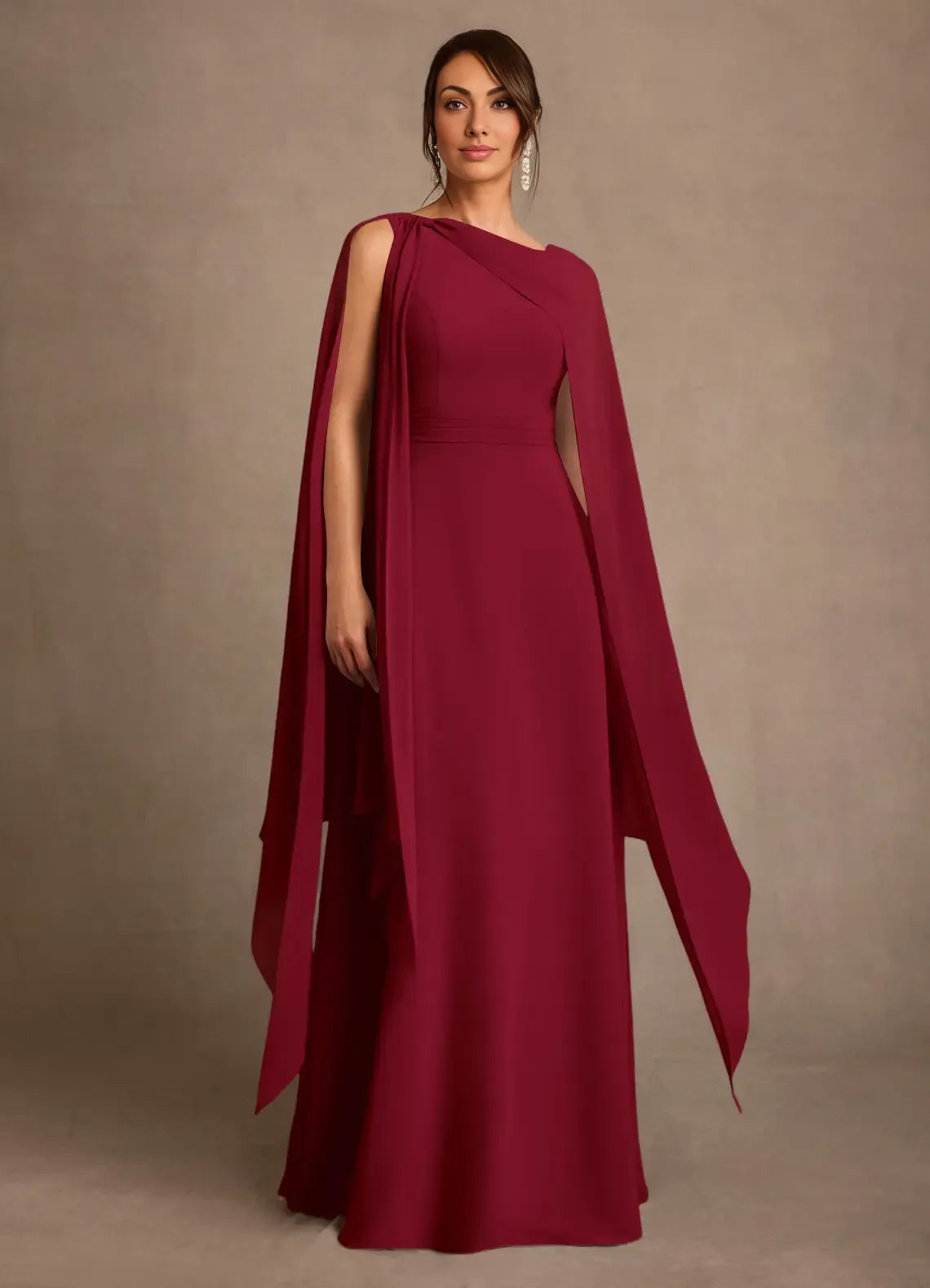 Sheath Asymmetric Neck Chiffon Floor Length Cape Sleeve Maxi Dress