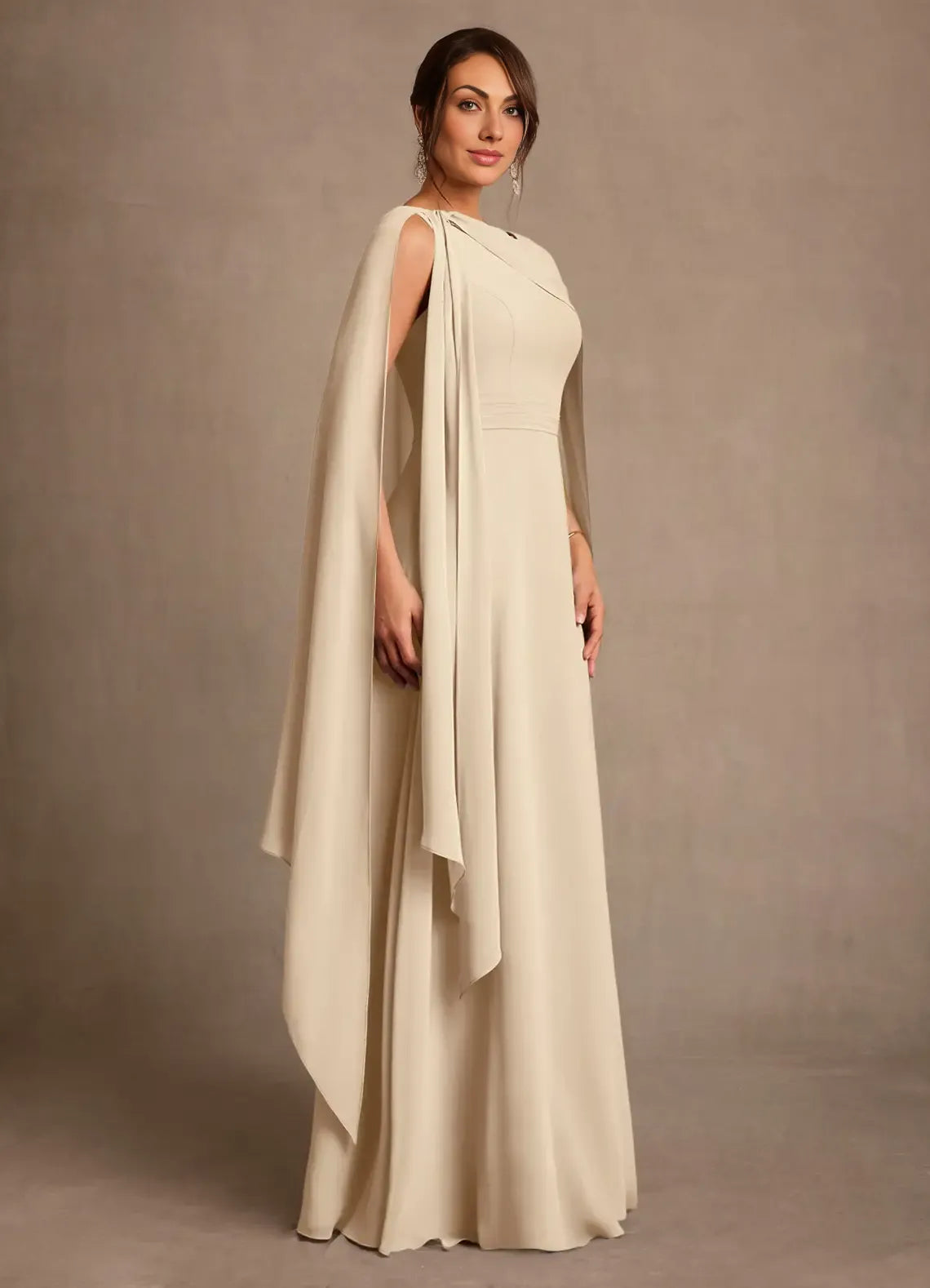 Sheath Asymmetric Neck Chiffon Floor Length Cape Sleeve Maxi Dress