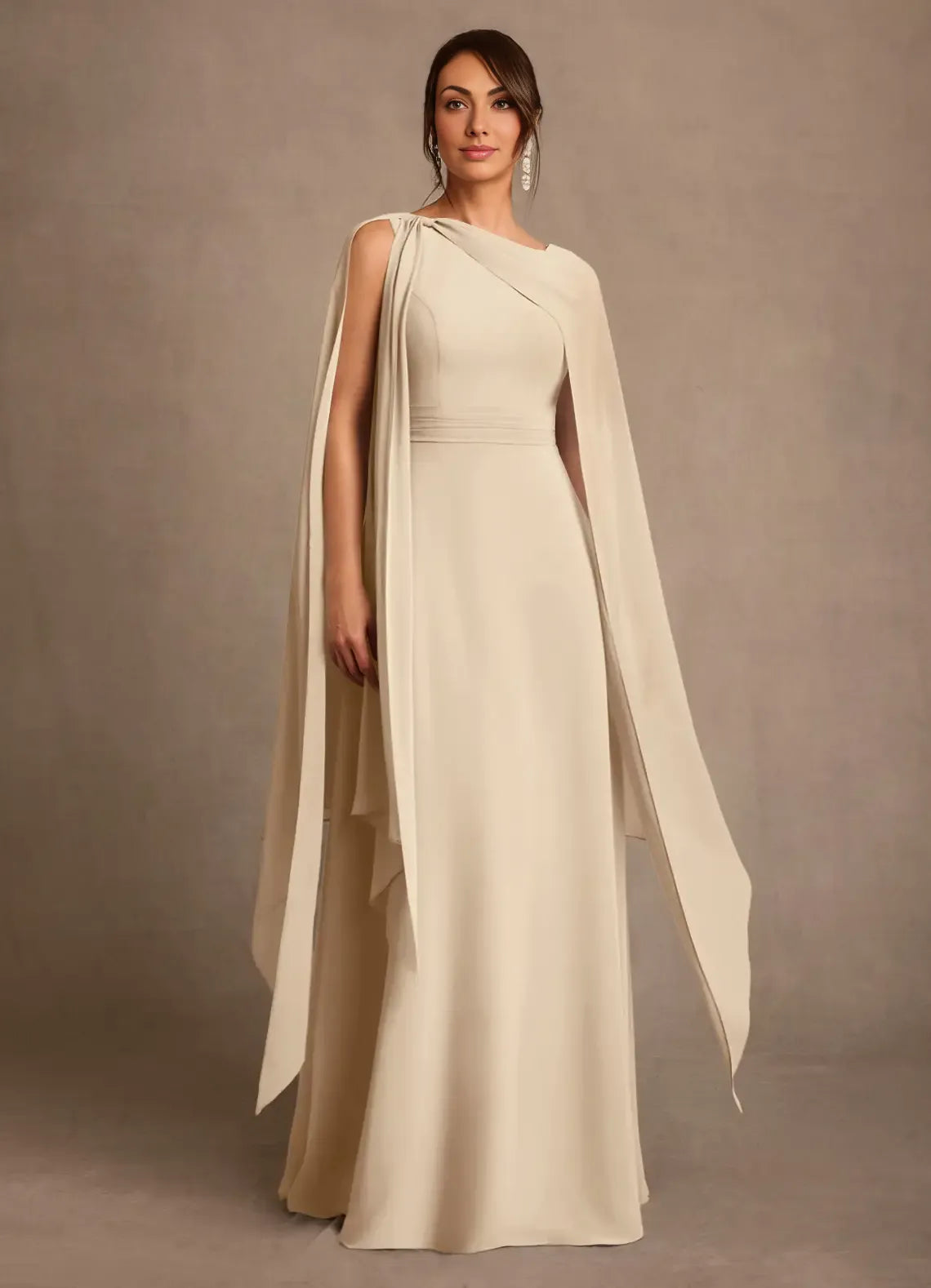 Sheath Asymmetric Neck Chiffon Floor Length Cape Sleeve Maxi Dress
