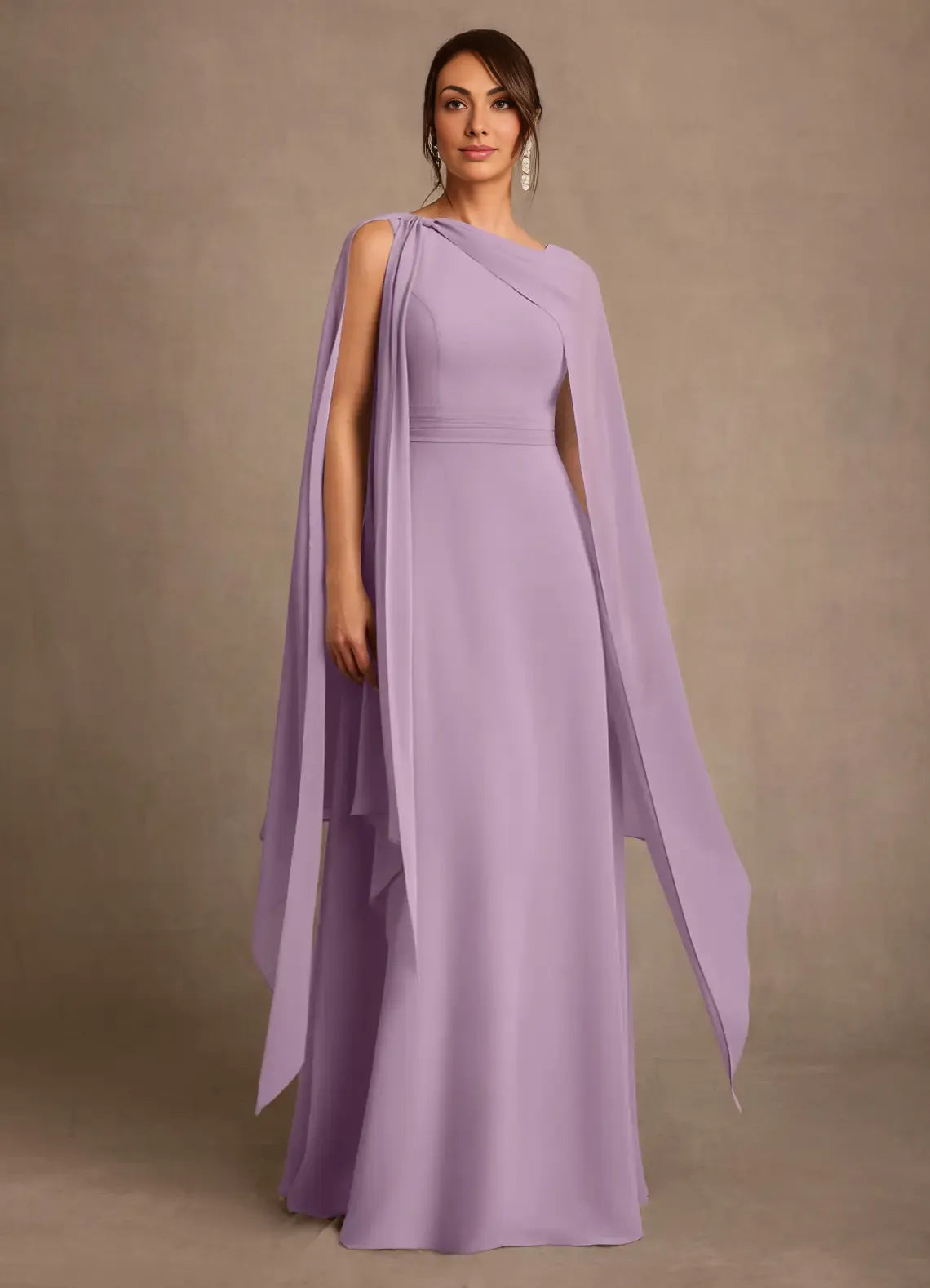 Sheath Asymmetric Neck Chiffon Floor Length Cape Sleeve Maxi Dress