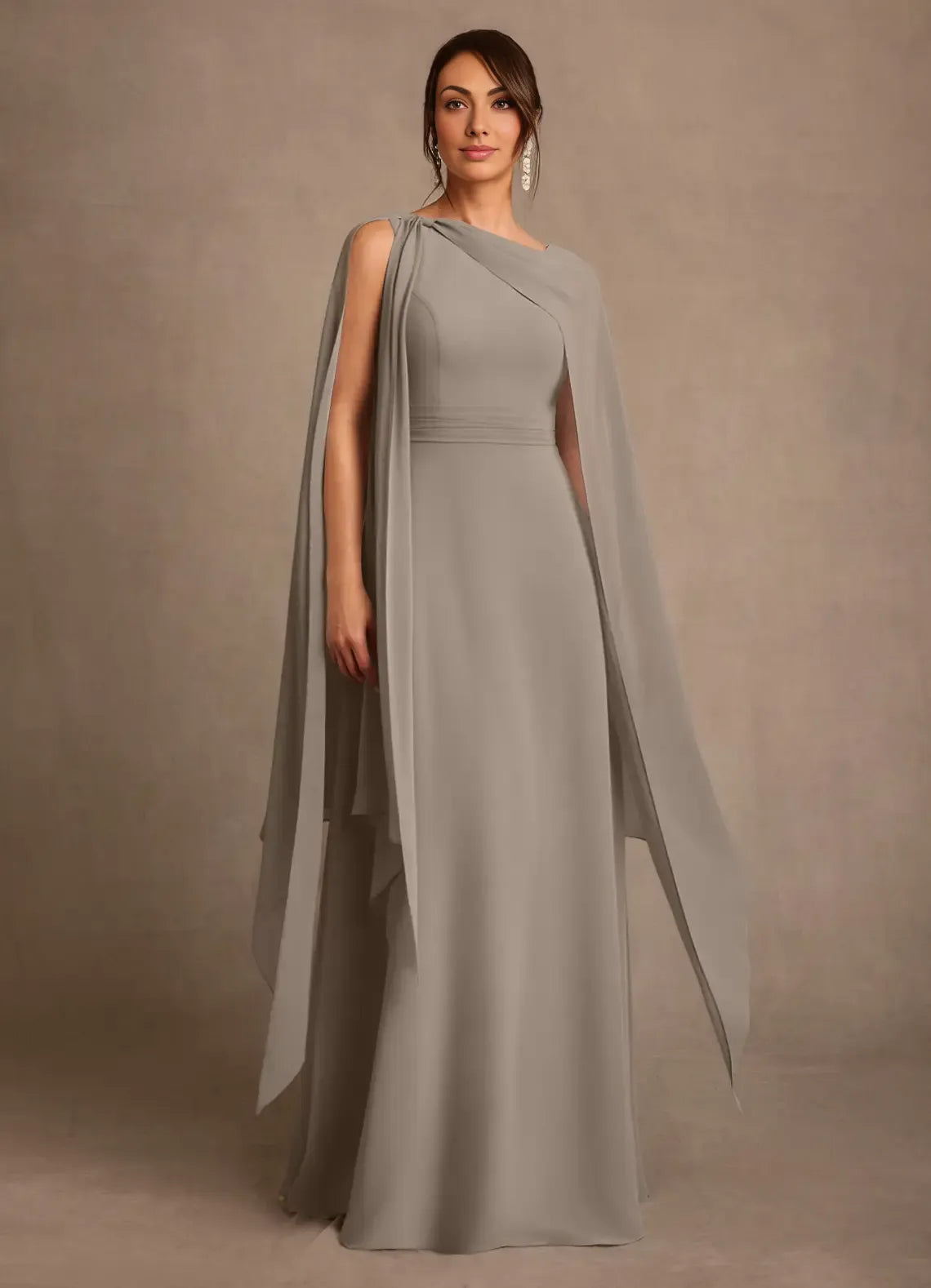 Sheath Asymmetric Neck Chiffon Floor Length Cape Sleeve Maxi Dress