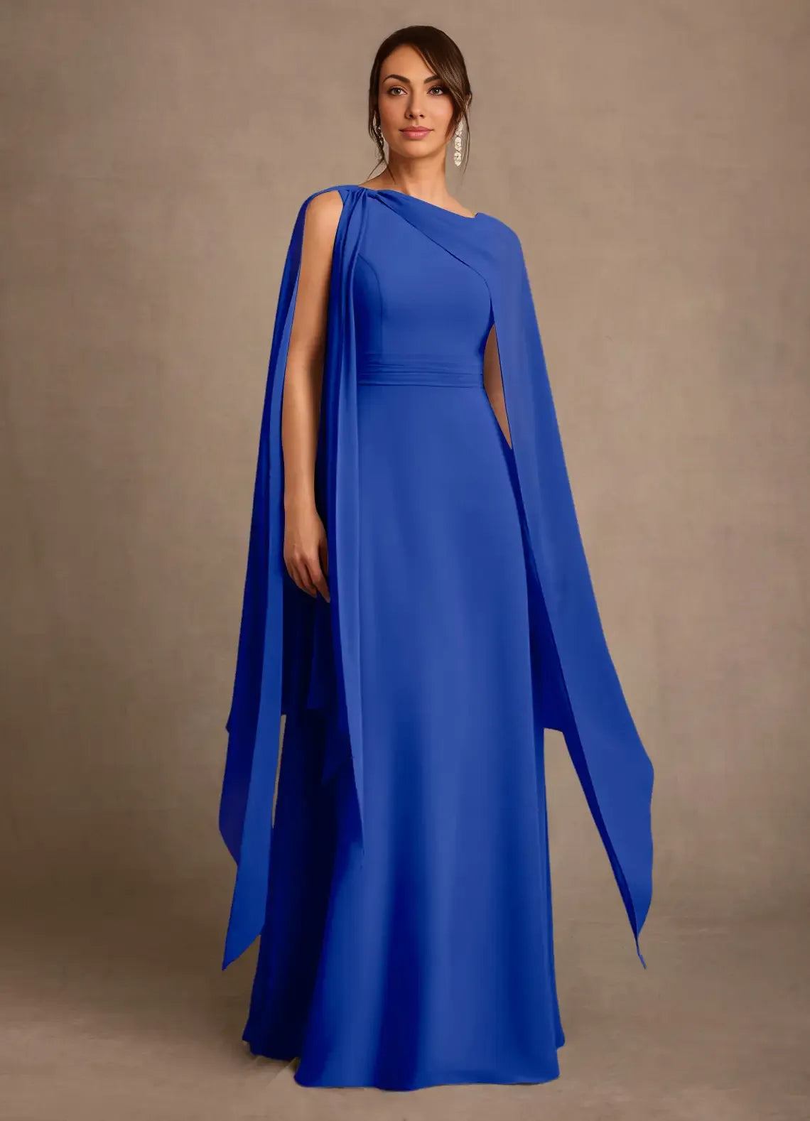 Sheath Asymmetric Neck Chiffon Floor Length Cape Sleeve Maxi Dress