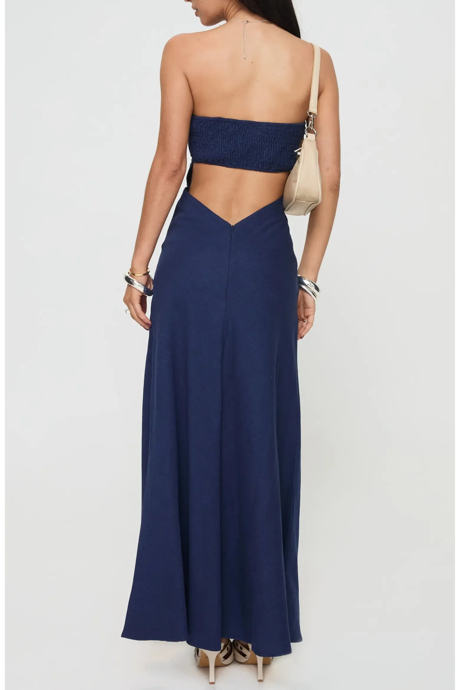 Relaxed Fit Flared Strapless Smocked Back Cutout Floor-Length Maxi Casual Formal Dress