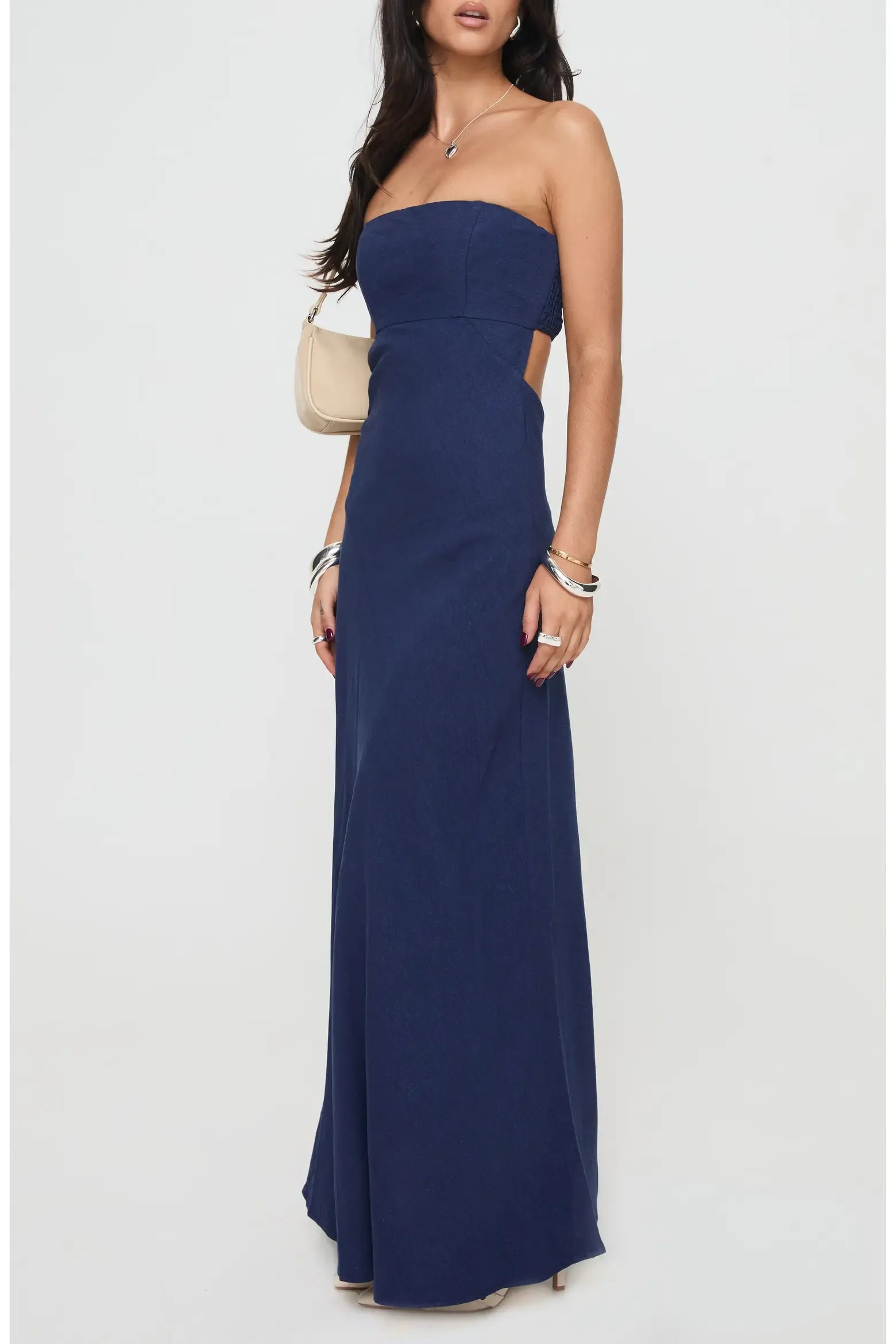 Relaxed Fit Flared Strapless Smocked Back Cutout Floor-Length Maxi Casual Formal Dress