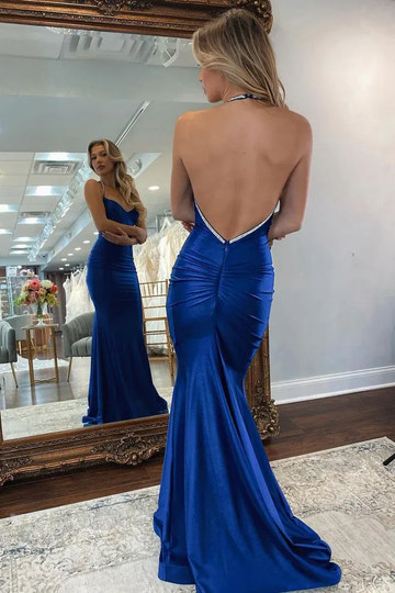 Rhinestone Mermaid Sweetheart Halter Satin Prom Dress Sweep-Train Backless Evening Gown