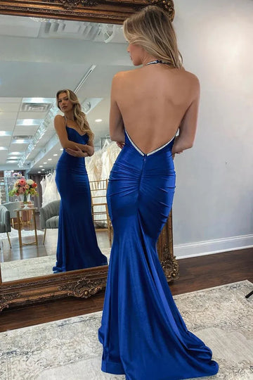 Rhinestone Mermaid Sweetheart Halter Satin Prom Dress Sweep-Train Backless Evening Gown
