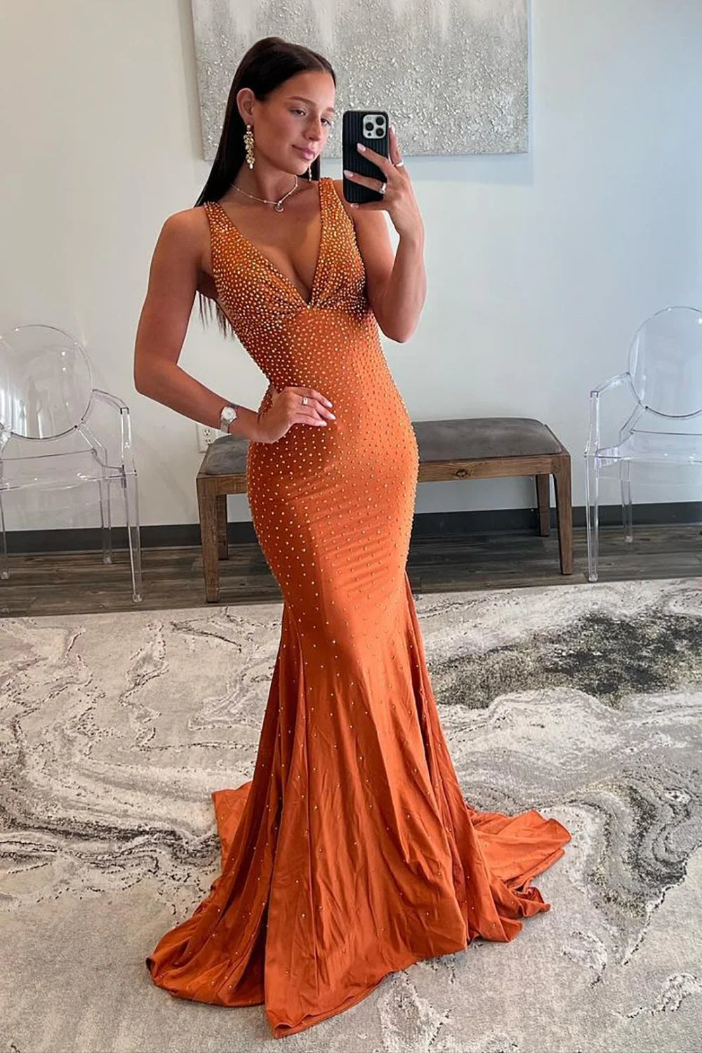 Mermaid Deep V-Neck Beaded Satin Backless Long Evening Dress