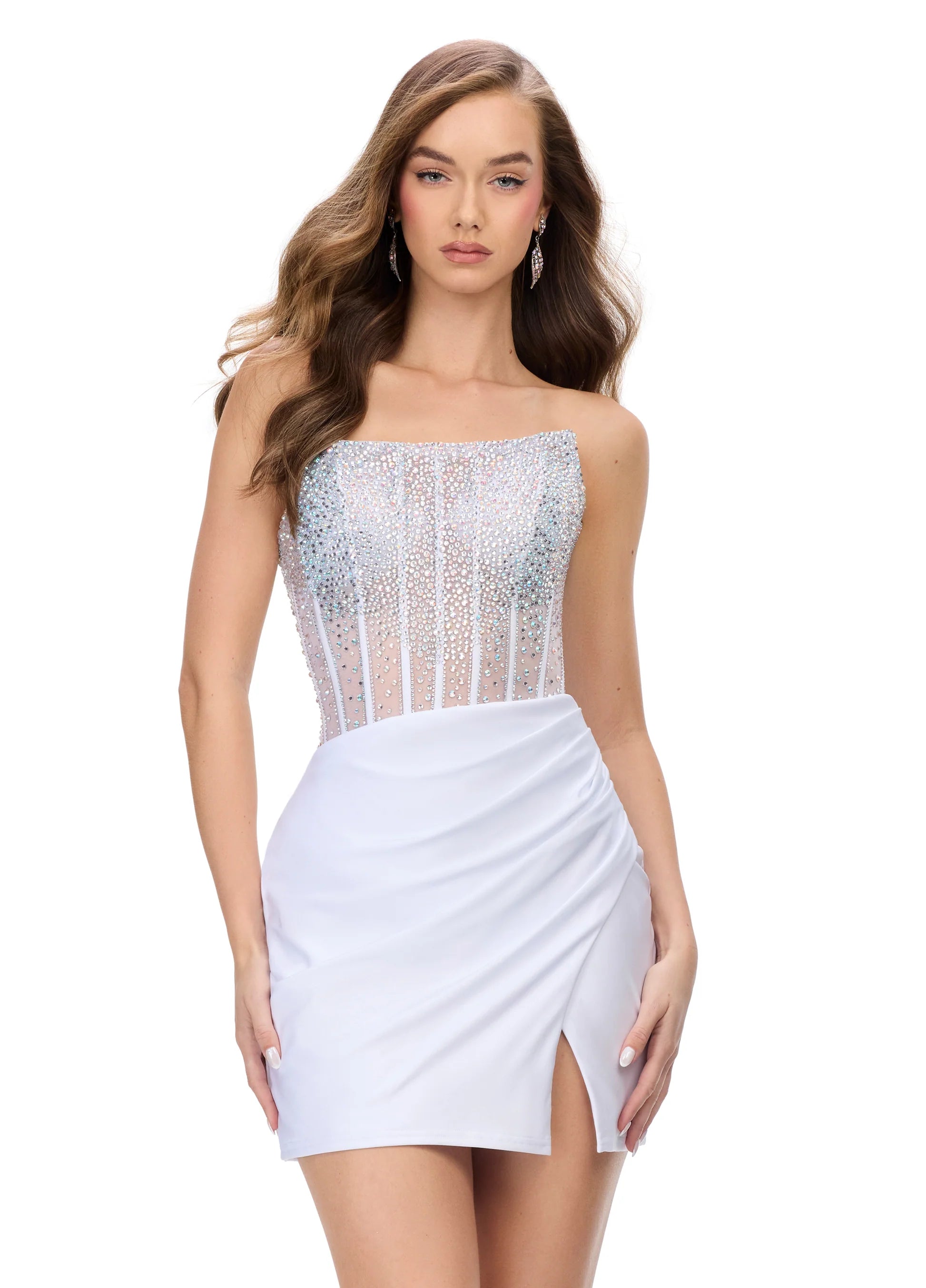 Rhinestone Strapless Corset Bodycon Scoop Neck Homecoming Dress with Slit