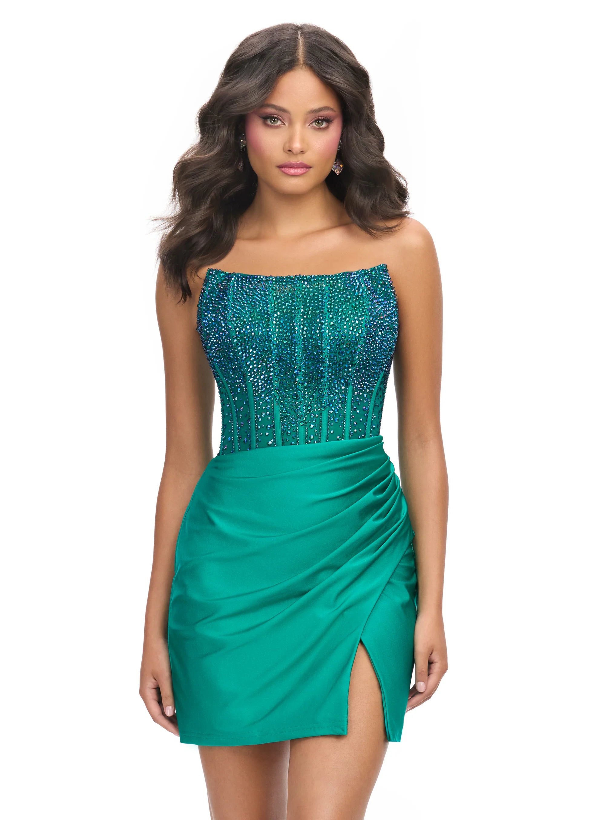 Rhinestone Strapless Corset Bodycon Scoop Neck Homecoming Dress with Slit