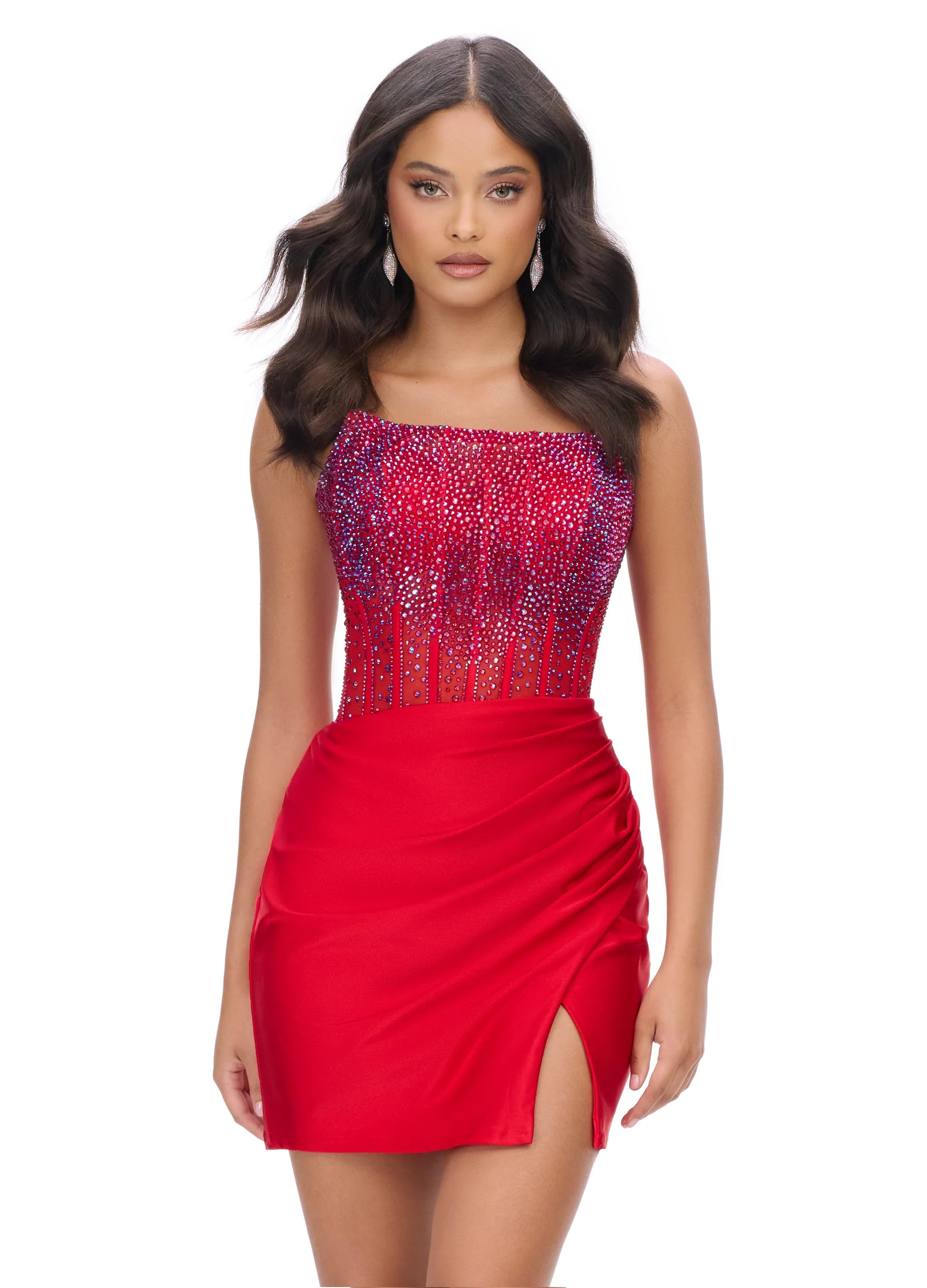 Rhinestone Strapless Corset Bodycon Scoop Neck Homecoming Dress with Slit