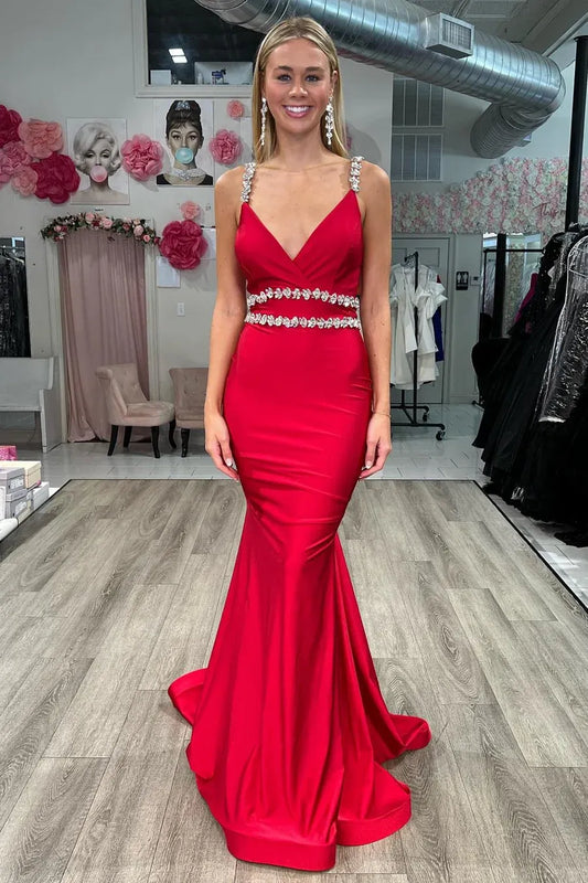 Rhinestone Embellished Mermaid V-Neck Sleeveless Backless Floor-Length Prom Gown