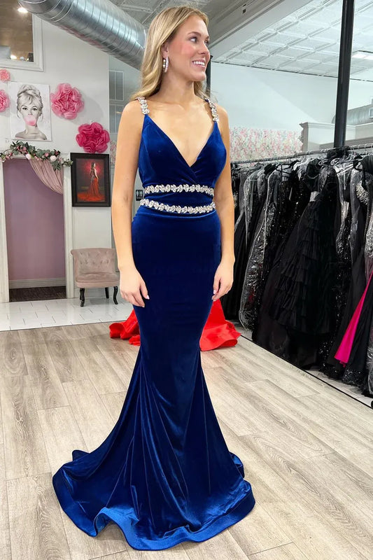 Rhinestone Embellished Mermaid V-Neck Sleeveless Backless Floor-Length Prom Gown