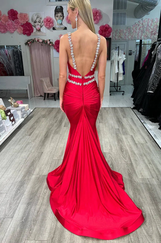 Rhinestone Embellished Mermaid V-Neck Sleeveless Backless Floor-Length Prom Gown