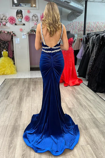 Royal Blue Rhinestone Mermaid Prom Gown – V-Neck Backless Velvet Floor-Length