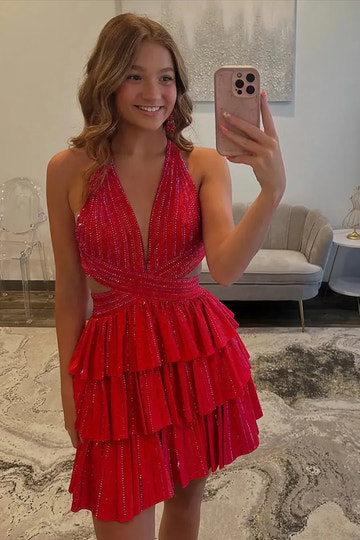Rhinestone Pleated A-Line Halter Wrap Cutout Zip Back Tiered Mini Homecoming Dress