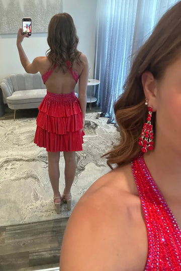 Rhinestone Pleated A-Line Halter Wrap Cutout Zip Back Tiered Mini Homecoming Dress