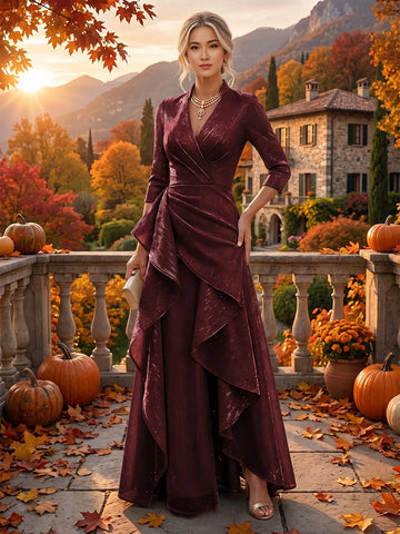 vedress burgundy shimmer a line floor length wedding guest dress surplice v neck 3/4 sleeve ruffle gown