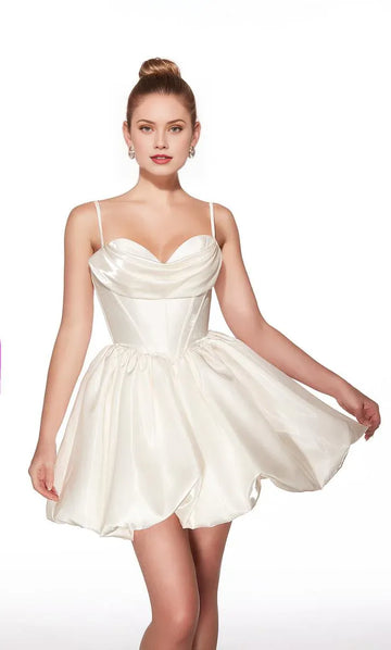 Romantic A-Line Cowl-Neck Satin Homecoming Dress Corset Bubble Mini Cocktail Dress