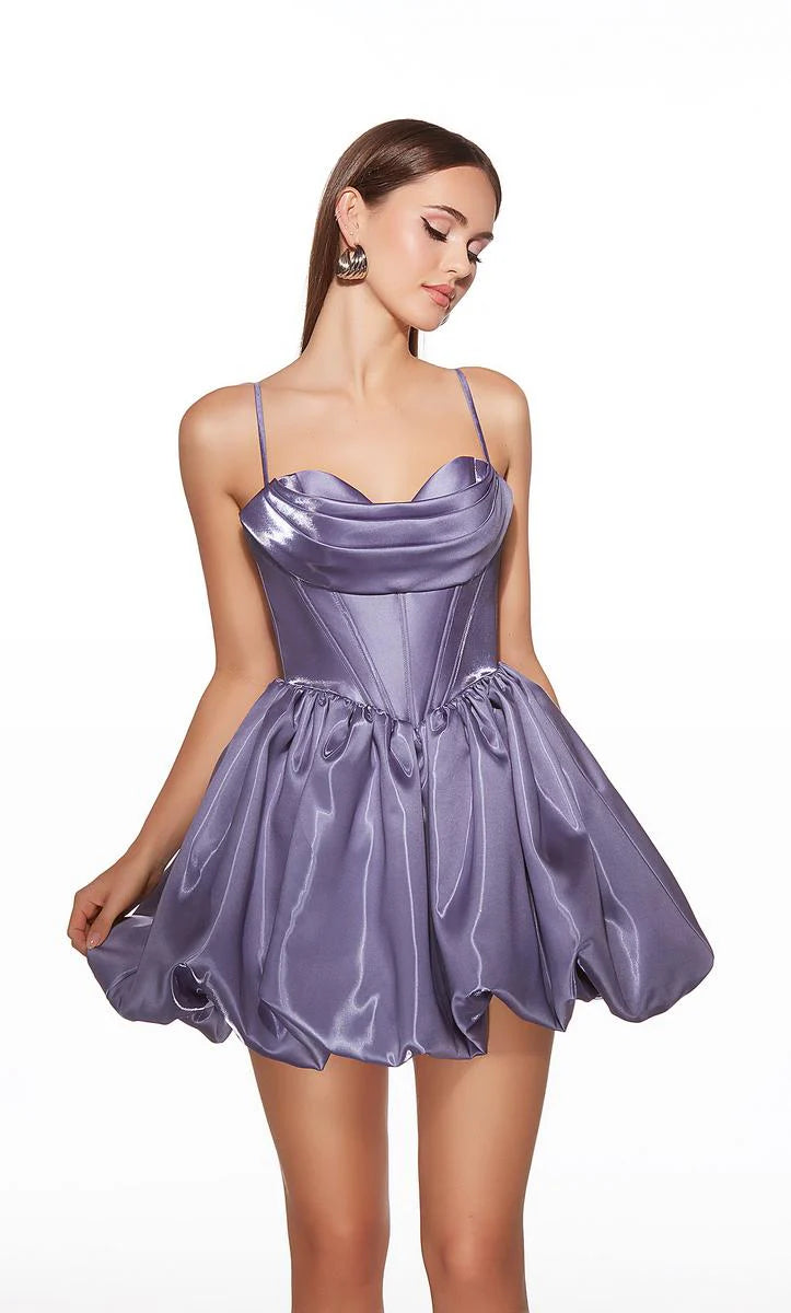 Romantic A-Line Cowl-Neck Satin Homecoming Dress Corset Bubble Mini Cocktail Dress
