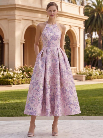 vedress pink floral jacquard midi wedding guest dress halter sleeveless a line gown with pockets