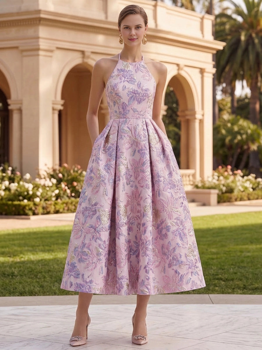 vedress pink floral jacquard midi wedding guest dress halter sleeveless a line gown with pockets
