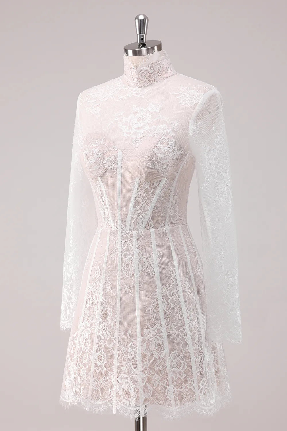Romantic A-Line High-Neck Long-Sleeve Lace Homecoming Dress Mini Boned Party Dress