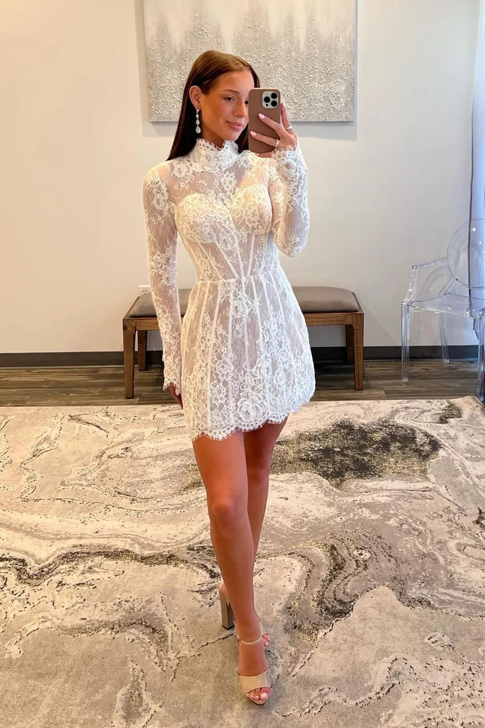 Romantic A-Line High-Neck Long-Sleeve Lace Homecoming Dress Mini Boned Party Dress