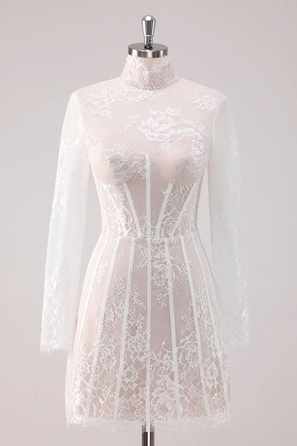 Romantic A-Line High-Neck Long-Sleeve Lace Homecoming Dress Mini Boned Party Dress