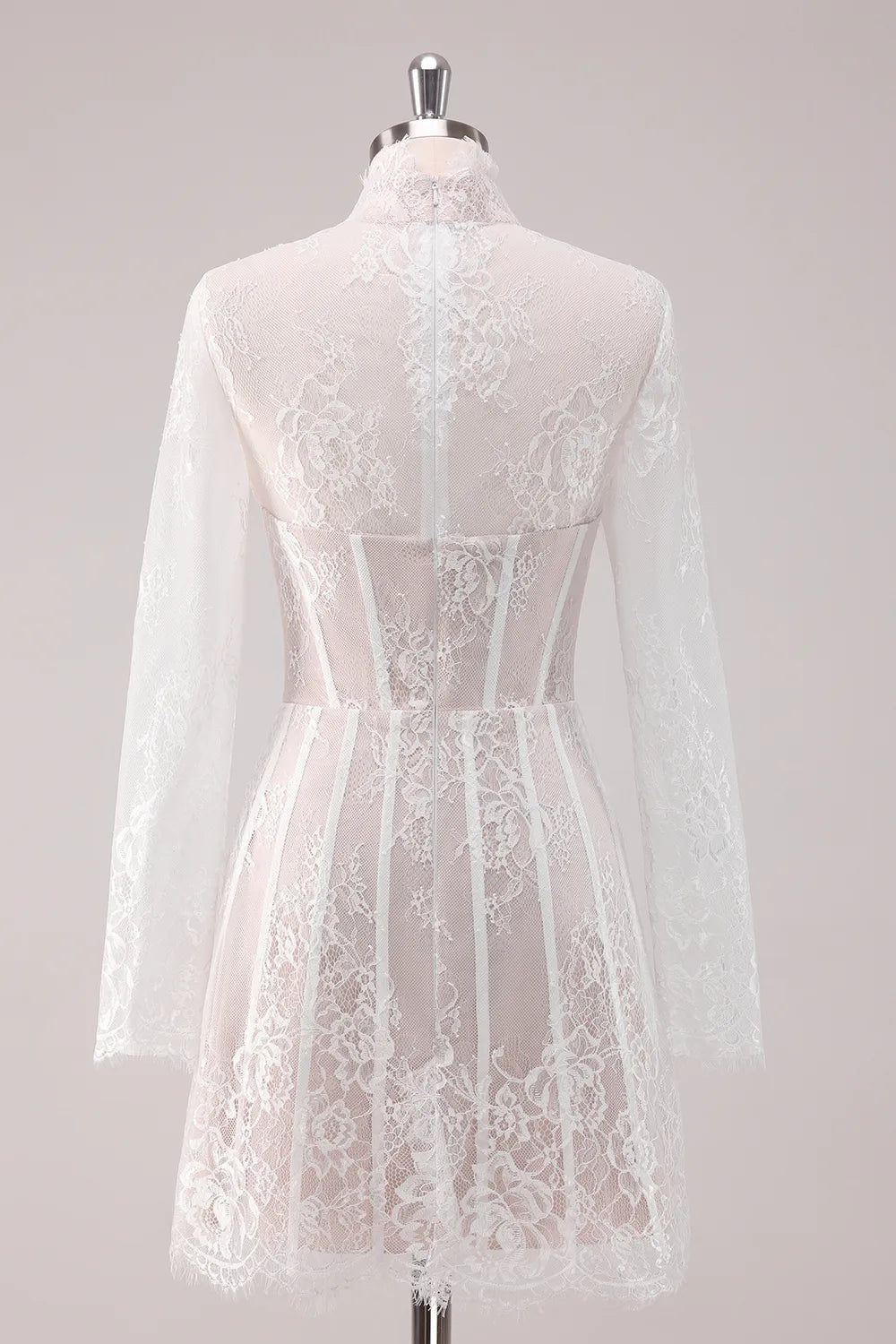 Romantic A-Line High-Neck Long-Sleeve Lace Homecoming Dress Mini Boned Party Dress