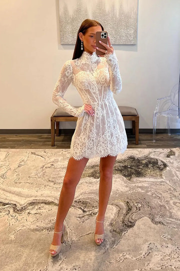 Romantic A-Line High-Neck Long-Sleeve Lace Homecoming Dress Mini Boned Party Dress