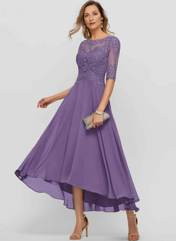 Vedress Lavender Lace Elbow Sleeve Hi‑Lo Mother Dress Front View