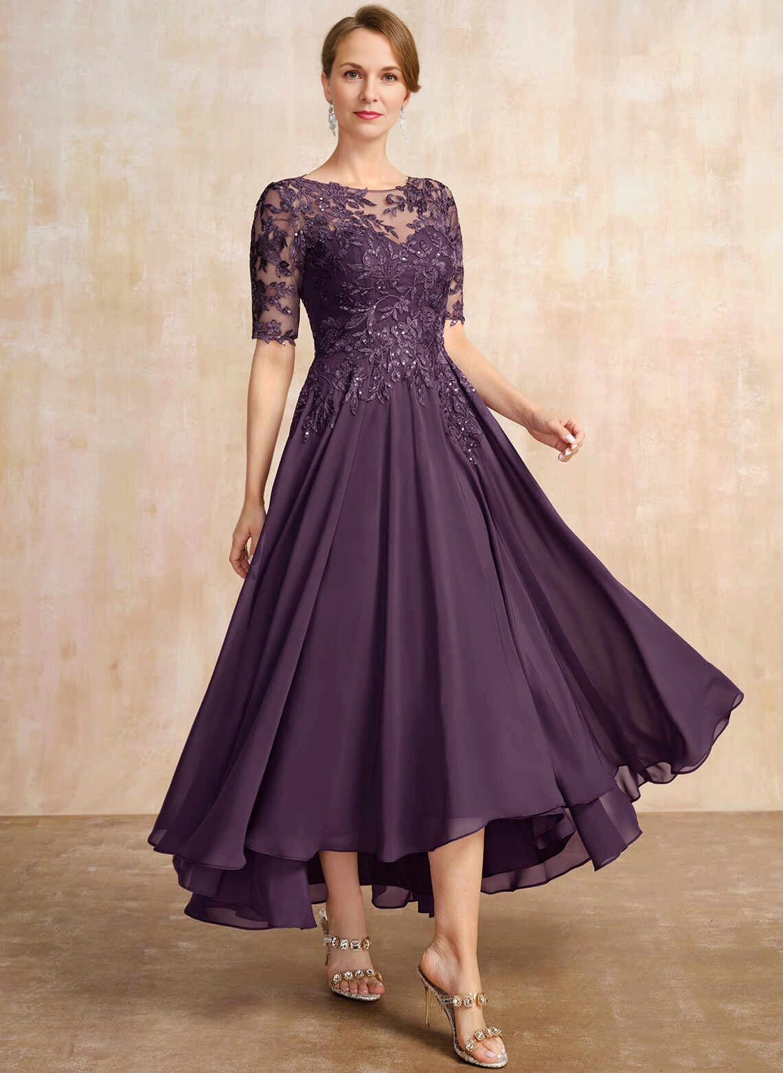 Vedress Purple Illusion Neck Sequin Lace Half‑Sleeve Hi‑Low Mother Dress Front View