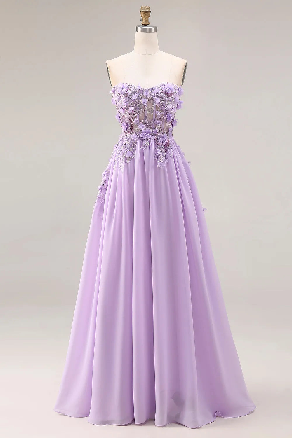 Vestido de fiesta largo de chifón con escote palabra de honor, corte en A y motivos florales 3D, romántico