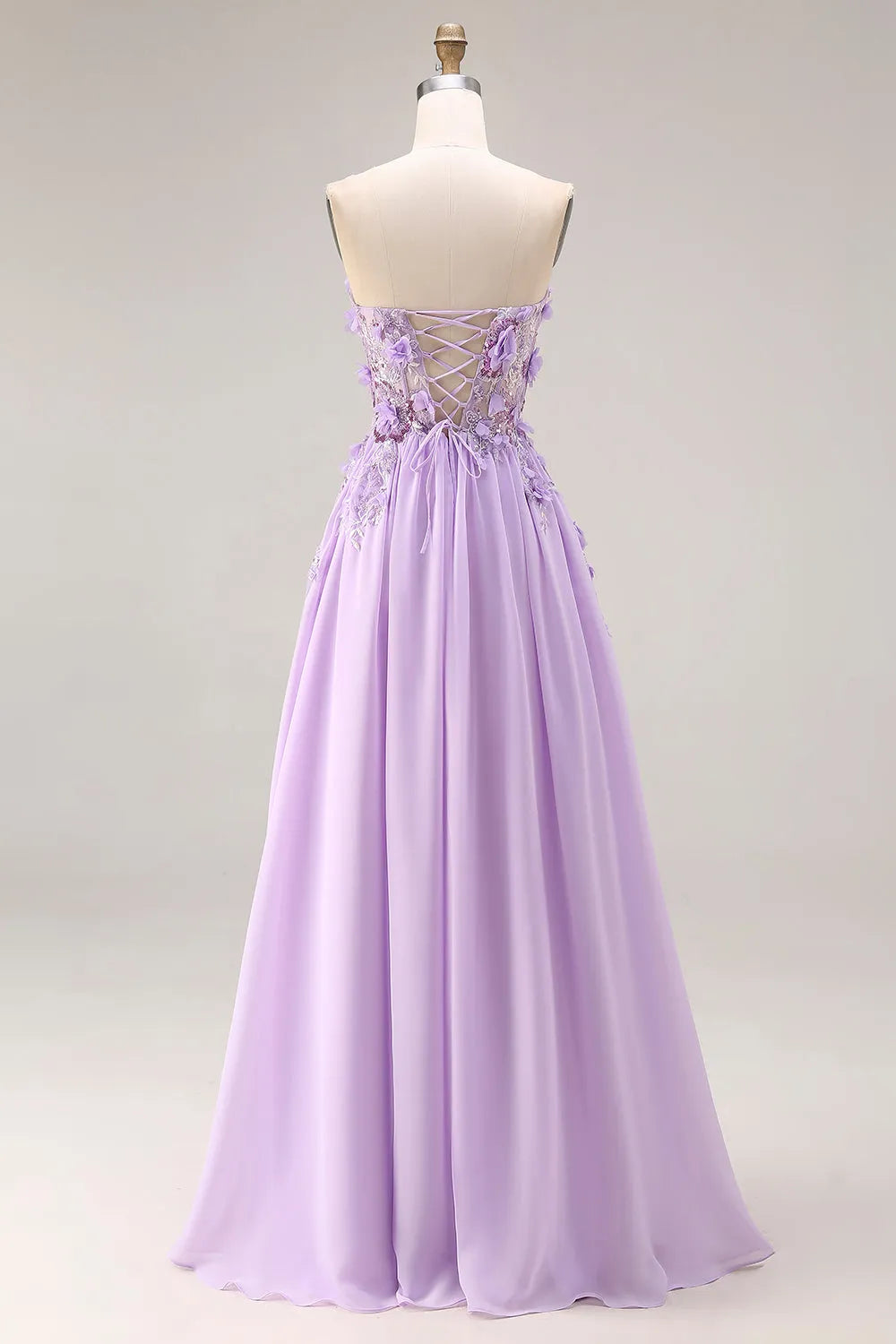 Vestido de fiesta largo de chifón con escote palabra de honor, corte en A y motivos florales 3D, romántico
