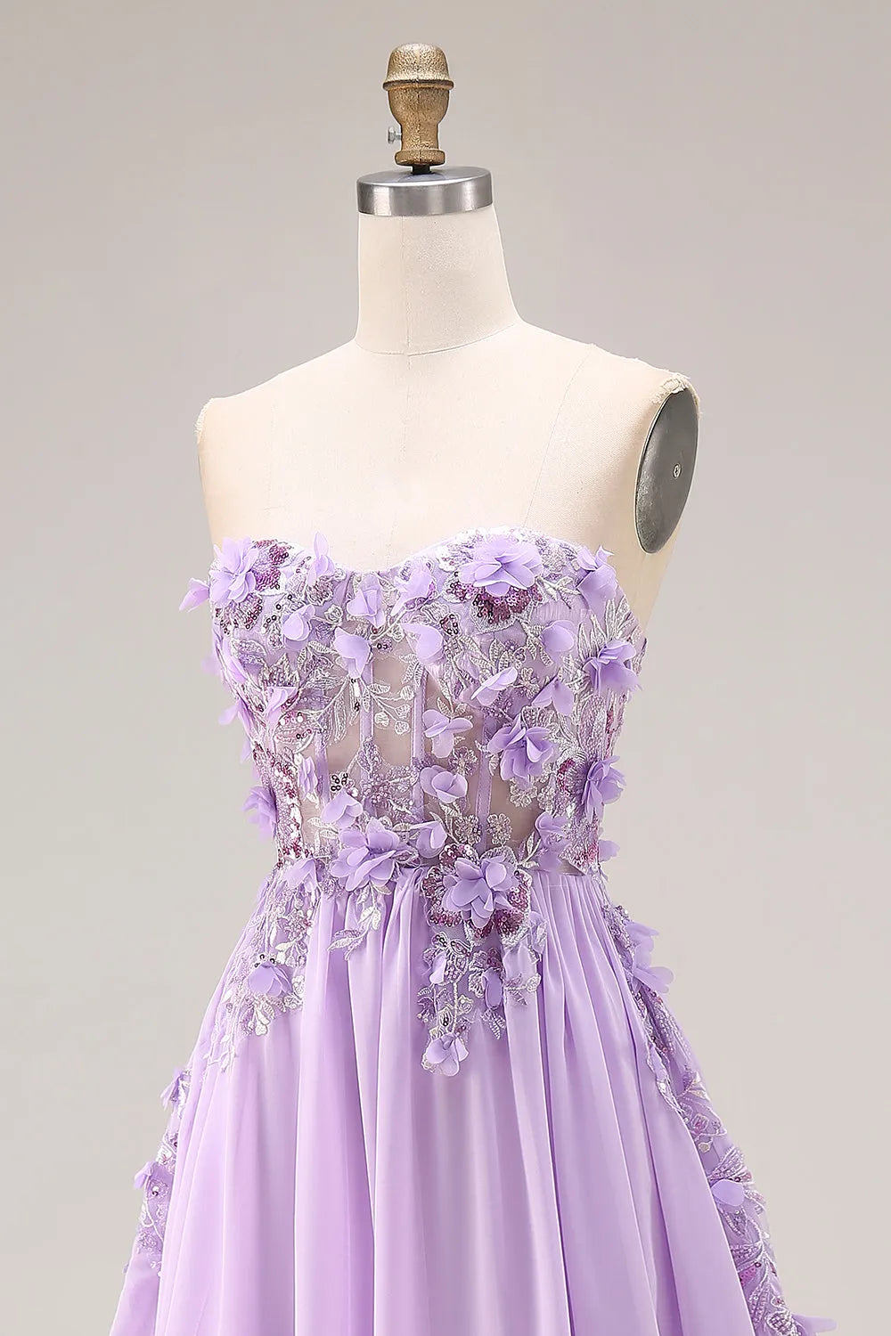 Vestido de fiesta largo de chifón con escote palabra de honor, corte en A y motivos florales 3D, romántico