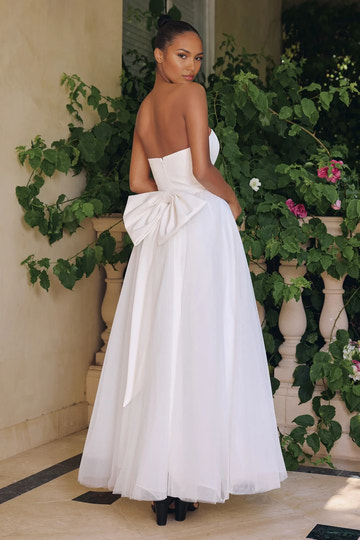 Romantic A-Line Strapless Sleeveless Tulle Maxi Oversized Back Bow Formal Cocktail Dress