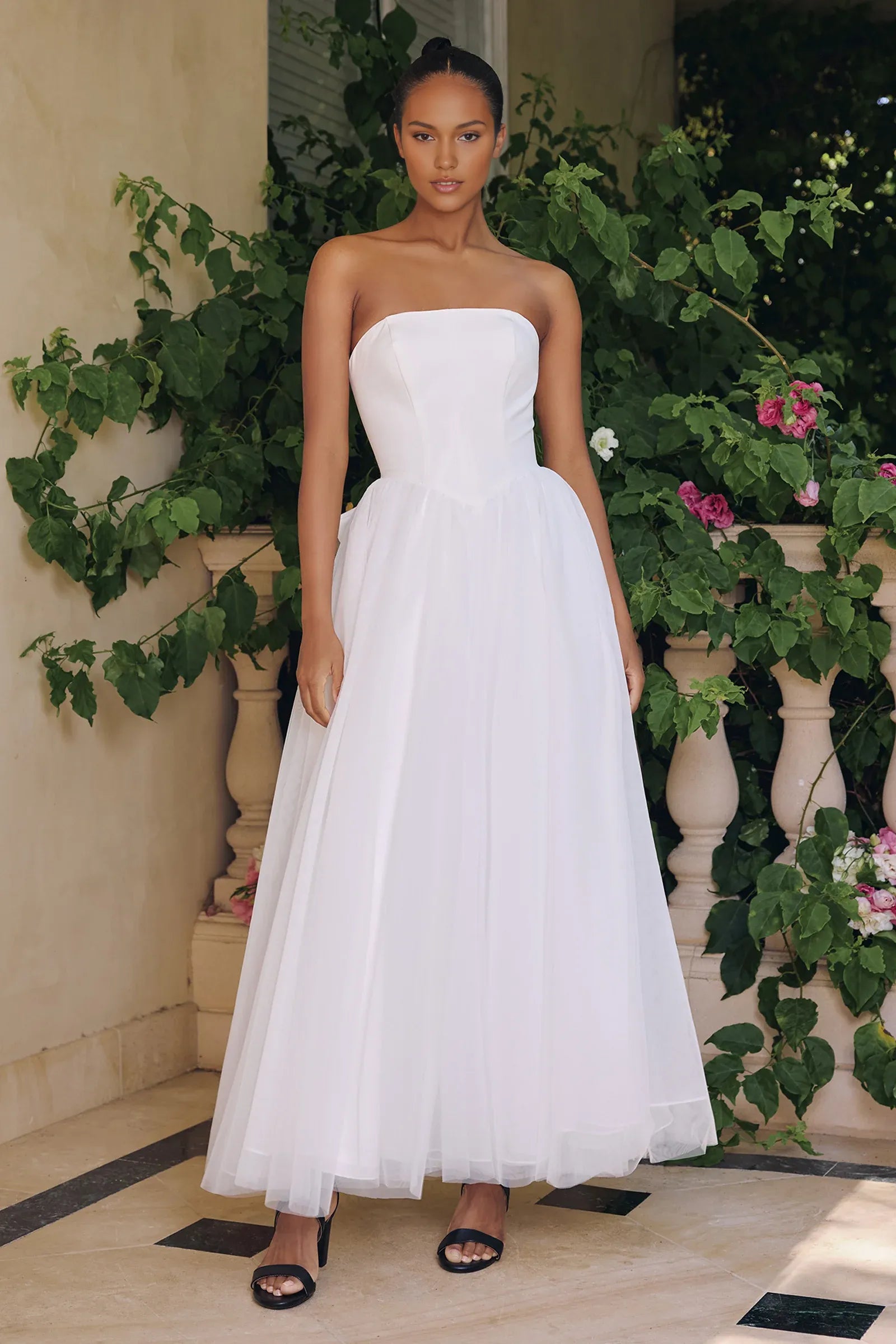 Romantic A-Line Strapless Sleeveless Tulle Maxi Oversized Back Bow Formal Cocktail Dress