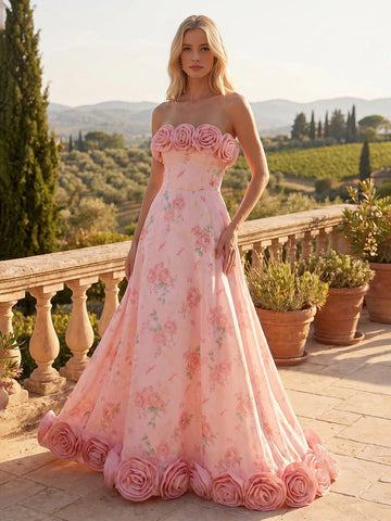 Vedress pink floral strapless floor‑length a‑line wedding gown with 3D rose trim