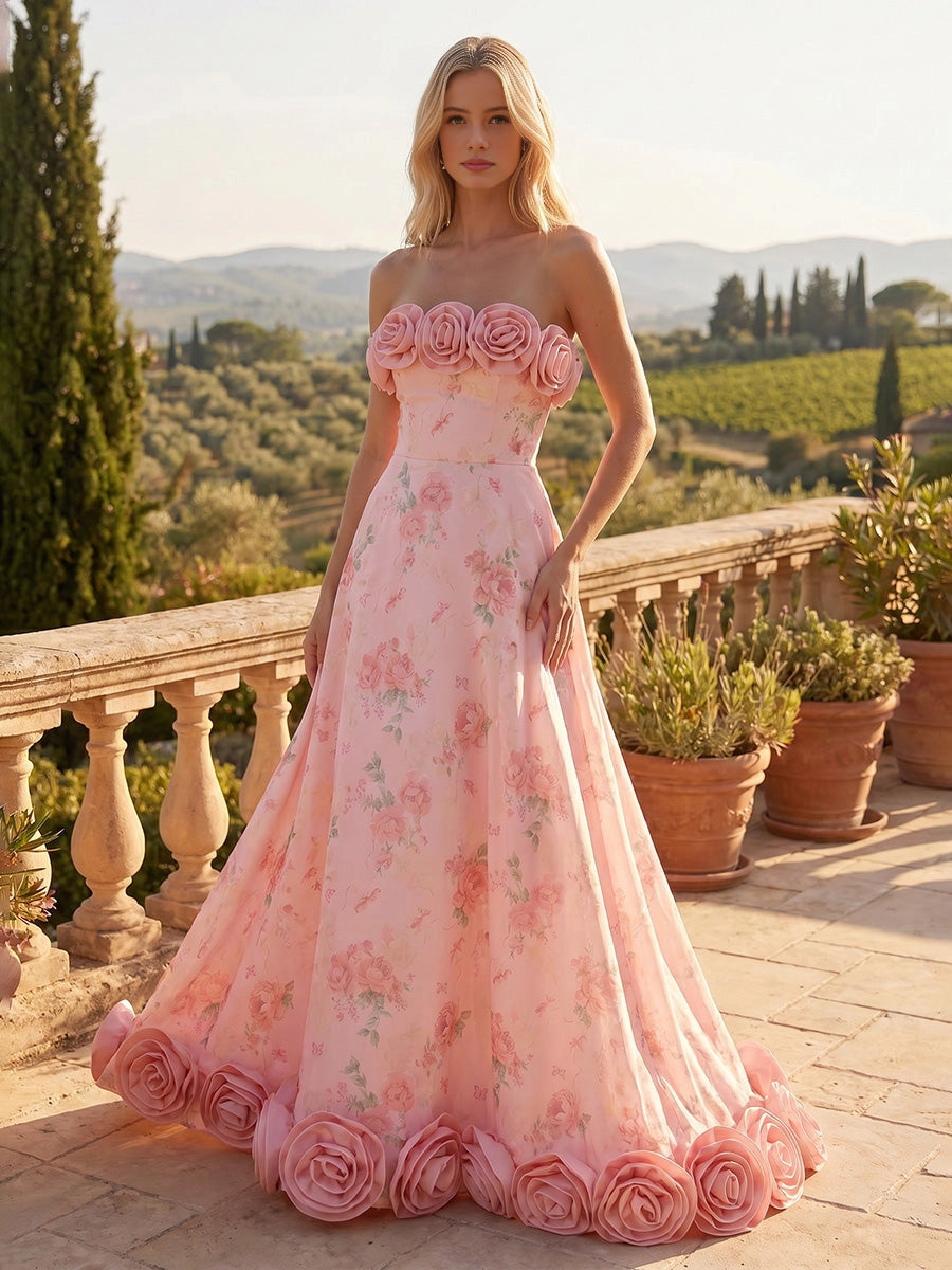 Vedress pink floral strapless floor‑length a‑line wedding gown with 3D rose trim