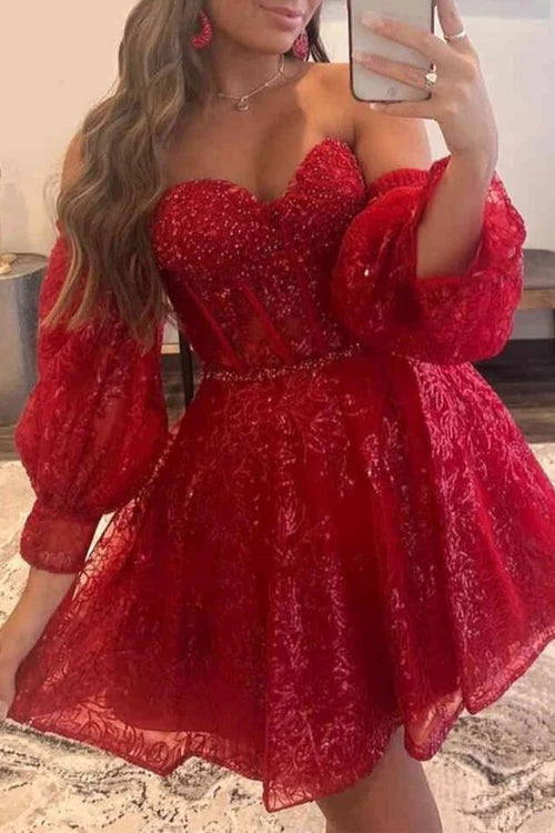 Romantic A Line Sweetheart Lace Short Corset Detachable Puff Sleeves Homecoming Dress