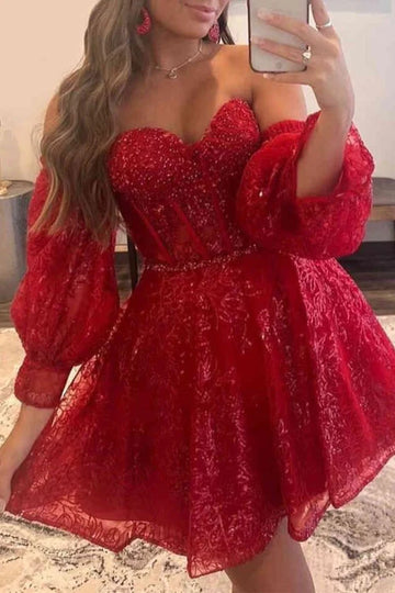 Vestido Romántico de Regreso a Casa con Corsé Corto, Escote Corazón, Encaje, Línea A y Mangas Abullonadas Desmontables